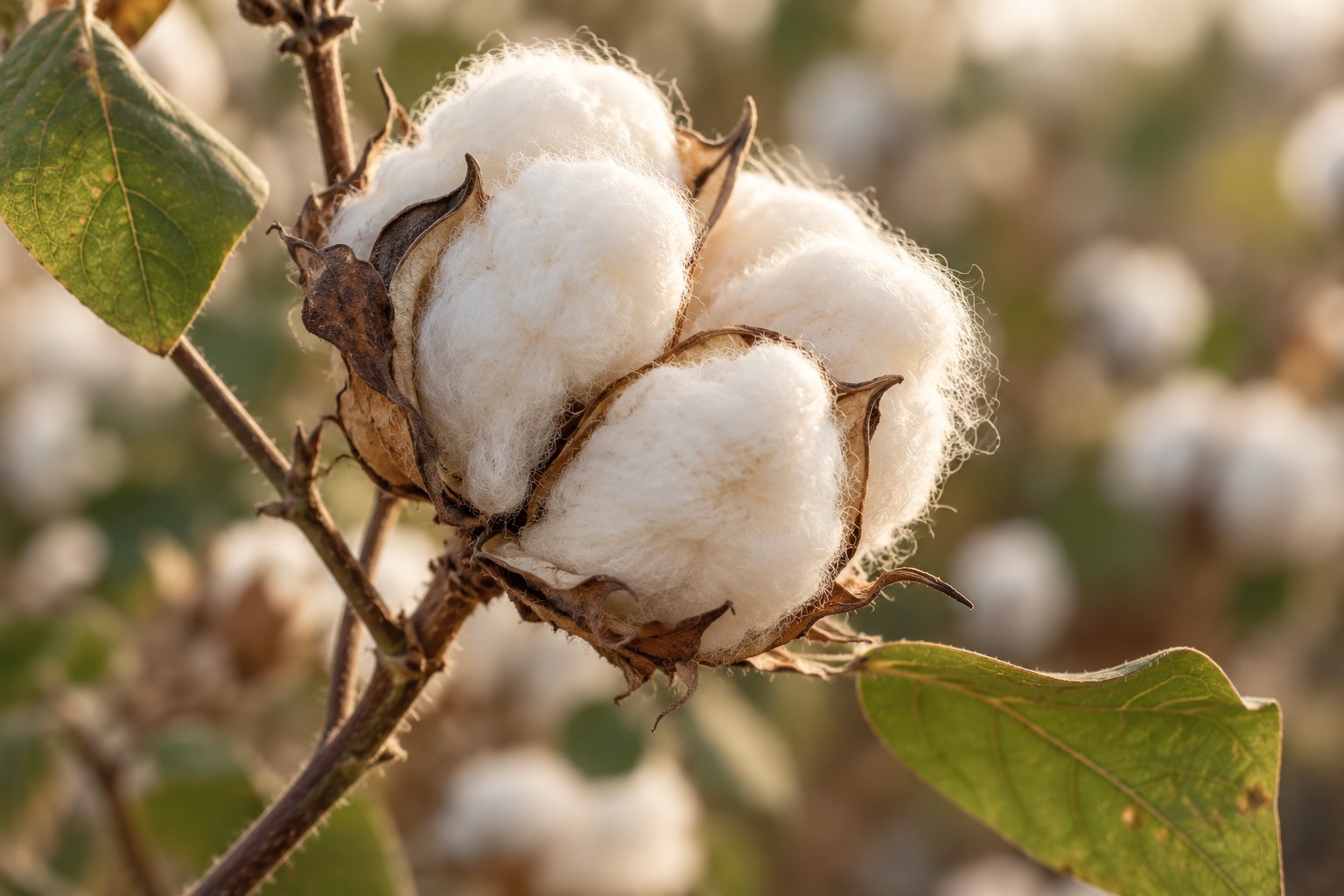 Illustrative mature cotton boll with soft fibres and natural dried bracts